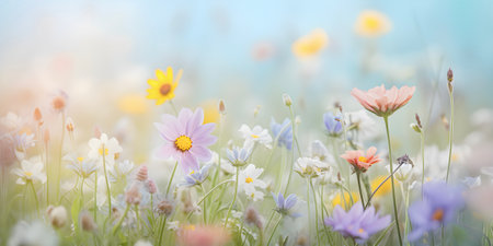 Beautiful colourful bloomed flower field, summer soft background. Ai generated .の素材