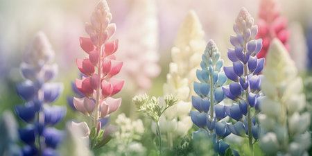 Spring, summer multicolour lupin flowers on pastel soft background . AI generated.の素材