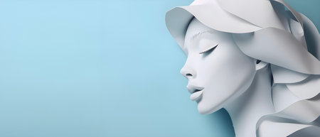 Paper art pretty women face on pastel blue background, free space. AI generated.の素材