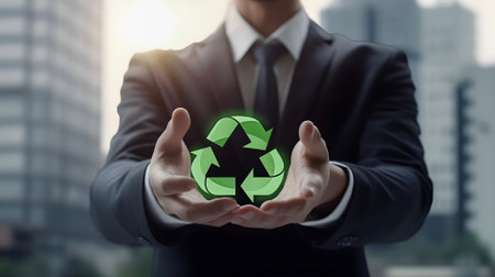 Business man in suit holding green ECO sign, recycling and green energy concept, AI generated.の素材