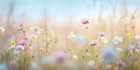 Beautiful colourful bloomed flower field with blue sky, summer soft background. Ai generated.の素材