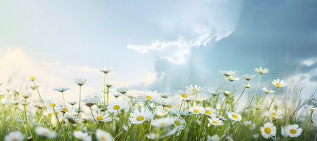 The fields of daisies and blue sky with clouds in summer day, AI generatedの素材