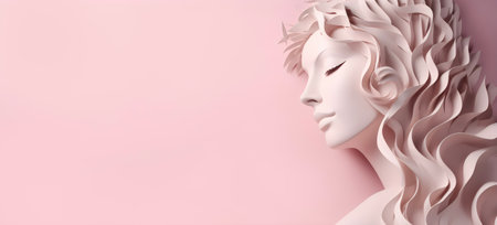Paper art pretty women face on pastel pink background, free copy space. AI generated.の素材