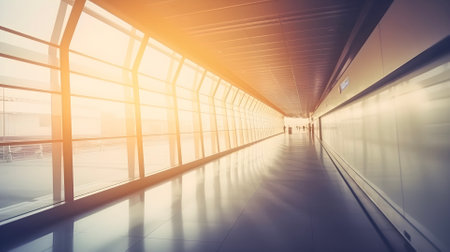 Empty airport terminal space, no people, with morning sun light, AI generated.の素材