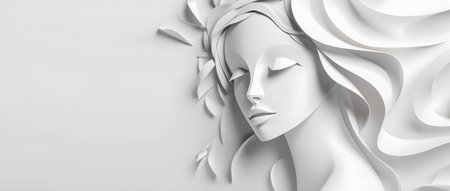 Paper art pretty women face on white background, free space. AI generated.の素材