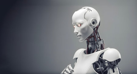 Female Robot portrait, technology concept, free copy space on grey background. AI generated.の素材
