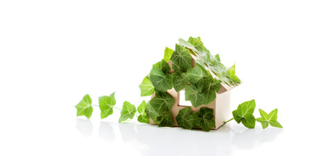 Small house figurine and green foliage on white background, free copy space,  eco nature concept, AI generatedの素材
