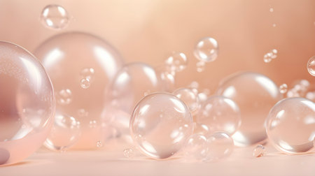 Oil bubbles in water on pastel beige background, close up, macro. AI generatedの素材