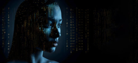 Binary female head on dark background, free copy space. AI generatedの素材