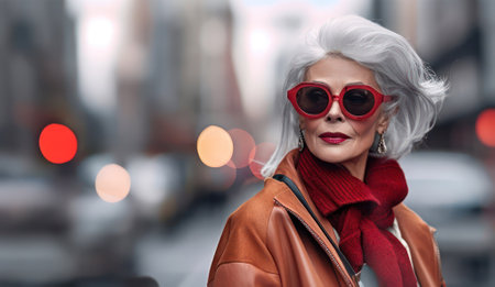 Stylish middle-aged woman in red sunglasses on city street exudes confidence, Enjoying City Life, free copy space.の素材
