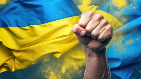 Man hand fist with yellow and blue color flag for Ukraine as a background, strong emotional impact, symbol of freedom and fight for freedomの素材