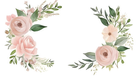 Watercolour floral border wreath with green leaves, pink peach blush white flowers branches on white background.の素材