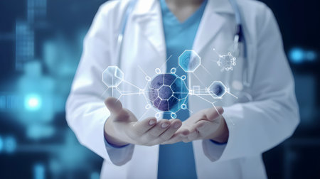 Concept of Medical technology service to solve people health. Healthcare and medical background.の素材