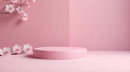 3D display podium. Pastel pink minimalistic background with pedestal stand and blooming Sakura brunch, for product displaの素材