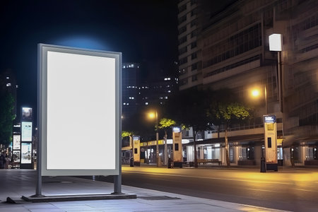 Blank billboard, signboard for product advertisement, design , advertising light box billboard, on realistic street background, night time ,の素材