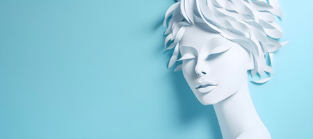 Paper art pretty women face on pastel blue background, free space, super sharp.の素材