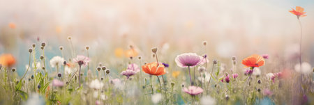 Beautiful colourful bloomed flower field, summer soft background. Ai generatedの素材