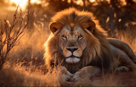 Majestic lion in the savanna, looking at camera, as sun sets.の素材