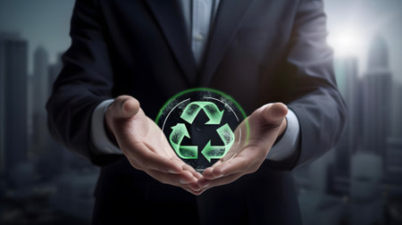 Business man in suit holding ECO sigh, recycling and green energy concept,の素材