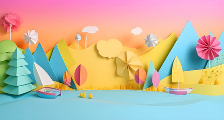 Paper art, Summer time. Concept of summer party and travel. Perfect background on the theme of season vacation, weekend, beach. Pastel blue, pink, yellow, green colour,の素材