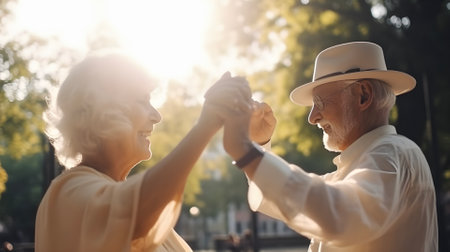 Happy Couple of senior man and women dancing with joy in the park, sunny day.の素材