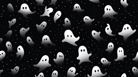 White ghosts on a black background, Halloween seamless pattern.の写真素材