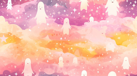 Ghosts silhouette wallpaper with stars, in the style of light pink and light amber, seamless Halloween background.の写真素材