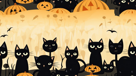 Autumn Halloween seamless background, celebration with festive animals, pumpkin, ghost, and cat on yellow and black backgroundの写真素材