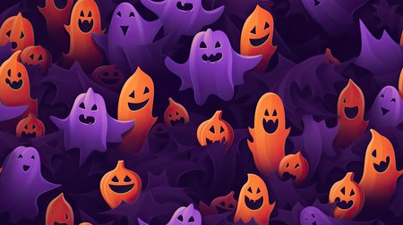 Pastel Ghosts silhouette on dark wallpaper, in the style of purple and amber, seamless Halloween background.の写真素材