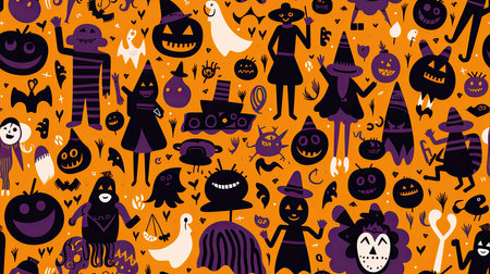 Halloween seamless background with orange and purple pattern and captivating font design.の写真素材