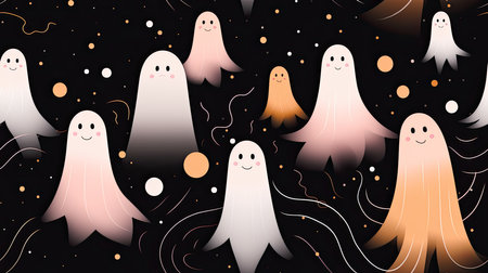 Pastel Ghosts silhouette on dark wallpaper, in the style of light pink and light amber, seamless Halloween background.の写真素材