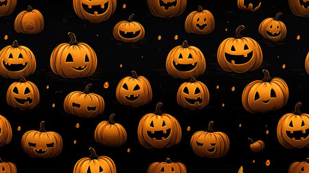 Spooky pumpkin face, festive Halloween celebration, orange jack-o'-lanterns, seamless Halloween pattern.の写真素材