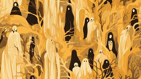 Halloween party wallpaper pattern, in the style of light brown, yellow, and black, Halloween seamless background.の写真素材