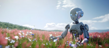 Child robot concept, in summer flower field, super realistic, sun day light. AI generatedの素材