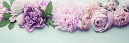 Spring, Easter elegant floral concept. Pastel lilac, mint and white spring flowers on blue background. AI generatedの素材