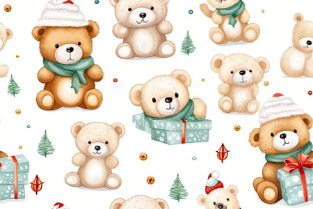 Mix Christmas teddy bears on white seamless background, wrapping paper .の写真素材