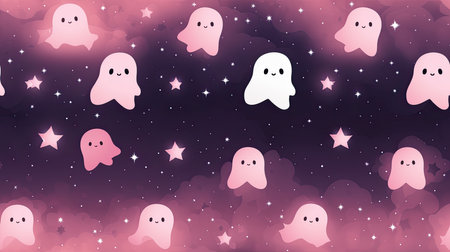 Pastel Ghosts silhouette on dark wallpaper, in the style of light pink and light amber, seamless Halloween background.の写真素材