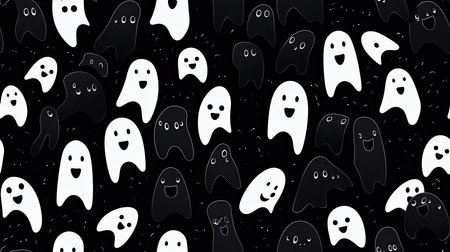 White ghosts on a black background, Halloween seamless pattern.の写真素材