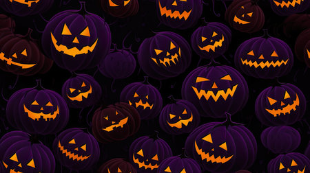 Spooky pumpkin face, festive Halloween celebration, orange and purple jack-o'-lanterns, seamless Halloween pattern .の写真素材