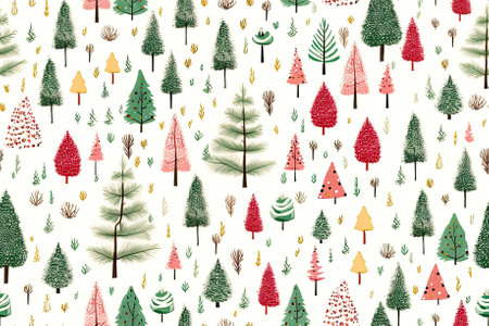 Mix Christmas trees on white background in green, red, golden color, seamless background.の写真素材