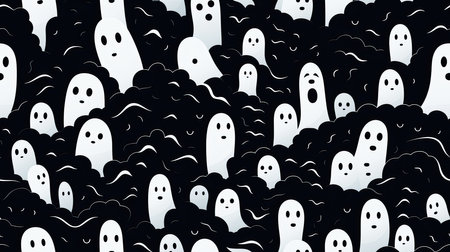 White ghosts on a black background, Halloween seamless pattern.の写真素材