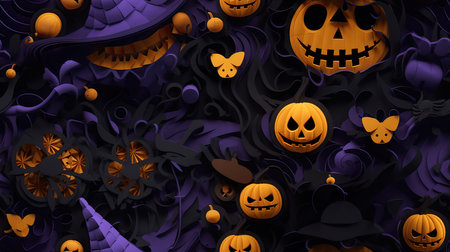 Halloween fun, in the style of dark yellow and violet, monochromatic color schemes, dark purple and orange, Halloween seamless background.の写真素材