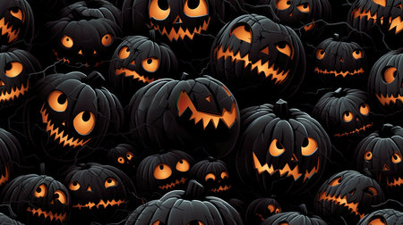 Spooky black pumpkin face, festive Halloween celebration, orange jack-o'-lanterns, seamless Halloween pattern .の写真素材