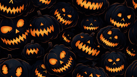 Spooky black pumpkin face, festive Halloween celebration, orange jack-o'-lanterns, seamless Halloween pattern .の写真素材