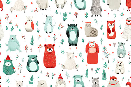 Mix Christmas animals in Christmas cloth on white background, seamless pattern, wrapping paperの写真素材