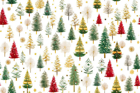 Mix Christmas trees on white background in green, red, golden color, seamless background.の写真素材