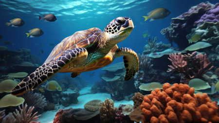 Hawaiian sea turtle swimming along with fishes, in Colorful underwater seascapeの素材