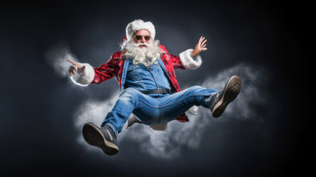 Santa Claus rocking trendy denim and fitted shirt, striking a casual yet stylish pose.の素材
