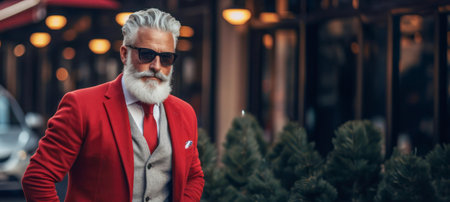 Santa Claus in red tailored blazer and stylish turtleneck, looking suave and confident on a busy city street.の素材