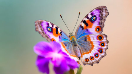 macro Photo of Peacock Butterfly on single pastel flower.の素材